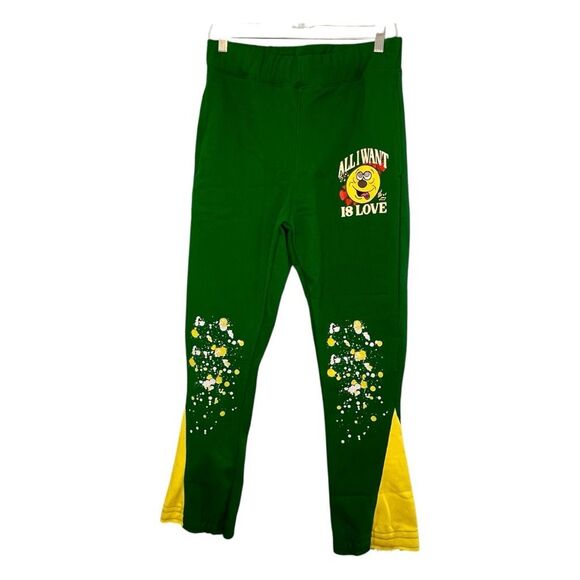 SBL Struck By Love Flare Leg Jogger Pants Green Yellow Fleece Knit Colorblock S - Picture 4 of 8
